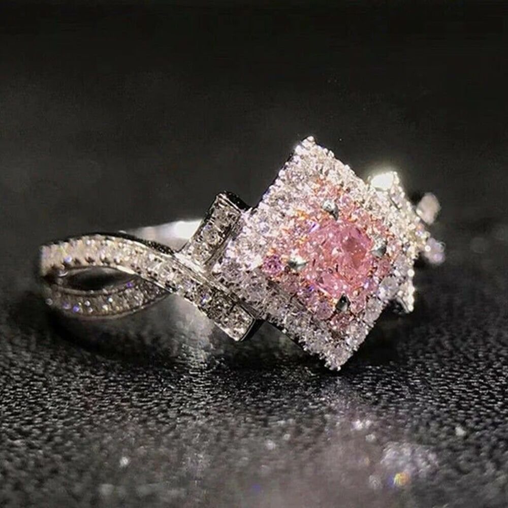 Ladies Silver and Pink Moissanite Diamond Shaped Ring sizes 6 & 7
